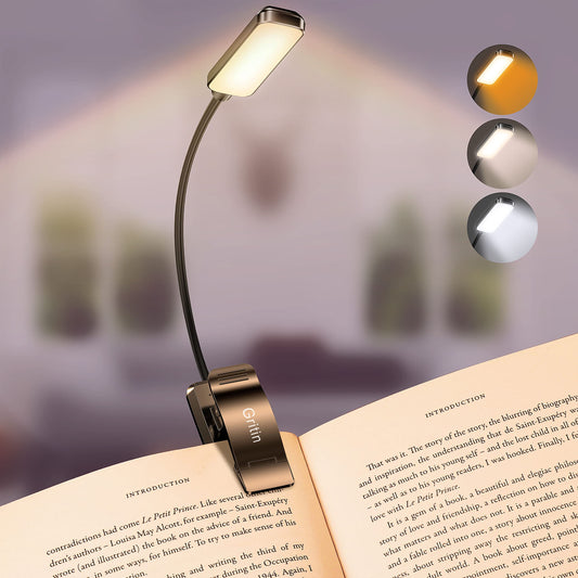 Gritin Lampe de Lecture Rechargeable, 9 LED Liseuse Lampe Clip, Gradation Progressive & 3 Modes Protection des Yeux (Blanc Froid&Chaud), 360° Cou Flexible, Indicateur, Longue Travail pour Lire au Lit