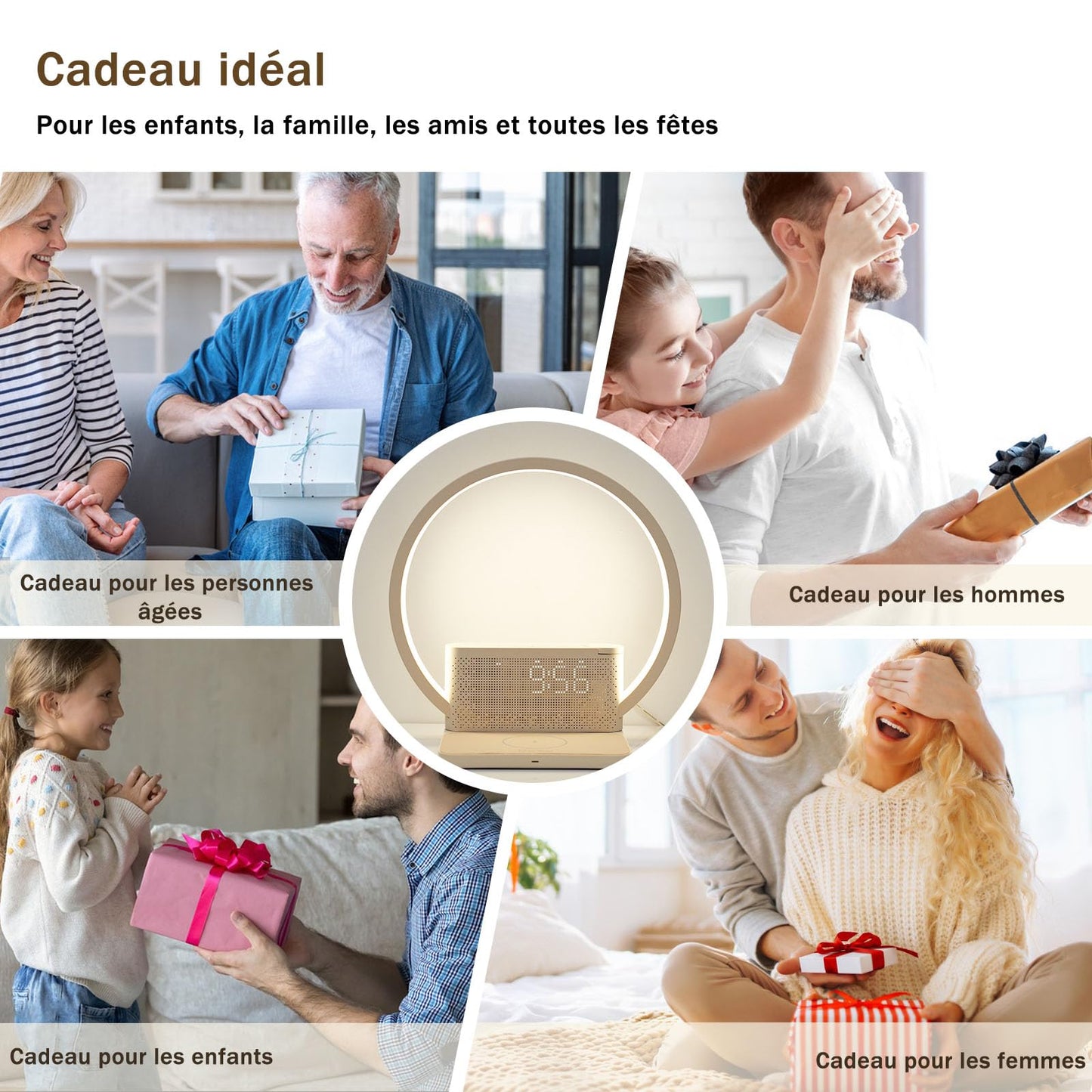 blonbar Réveil Lumineux Simulateur d'Aube, Lampe de Reveil avec tactile réglable,3 niveaux de luminosité,lampe de chevet avec chargeur sans fil, aide à dormir les bébés et les adultes