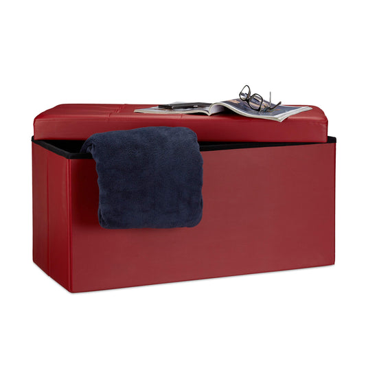 Relaxdays Banc de rangement pratique en simili cuir, 2 places, capacité de charge 300 kg, HLP : 38x76x38 cm, rouge foncé