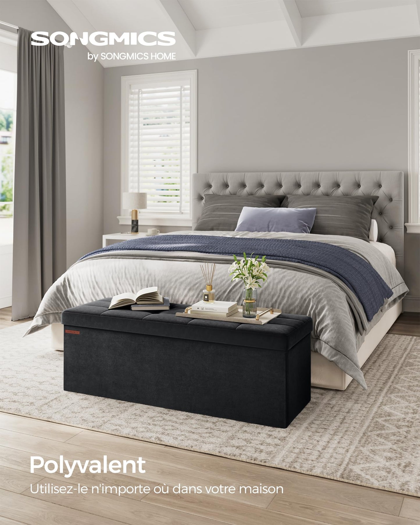 SONGMICS Banc de Rangement, Pouf Pliable, 38 x 110 x 38 cm, Bout de Lit, Repose-Pieds, Coffre de Rangement, Charge jusqu'à 300 kg, pour Salon, Chambre, Entrée, Noir d'encre LSF277B01