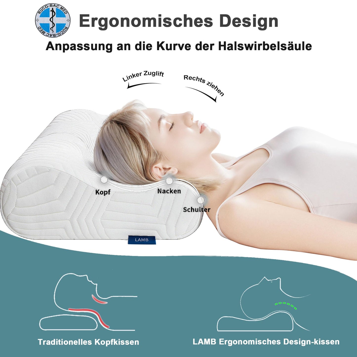 LAMB Ergonomique Cervical à Mémoire de Forme, Oreiller Orthopédique pour la Nuque, Réglable Hauteur, Oreiller Hypoallergénique Lavable de Soutien Doux Prime, Anti Ronflement & Anti Douleur