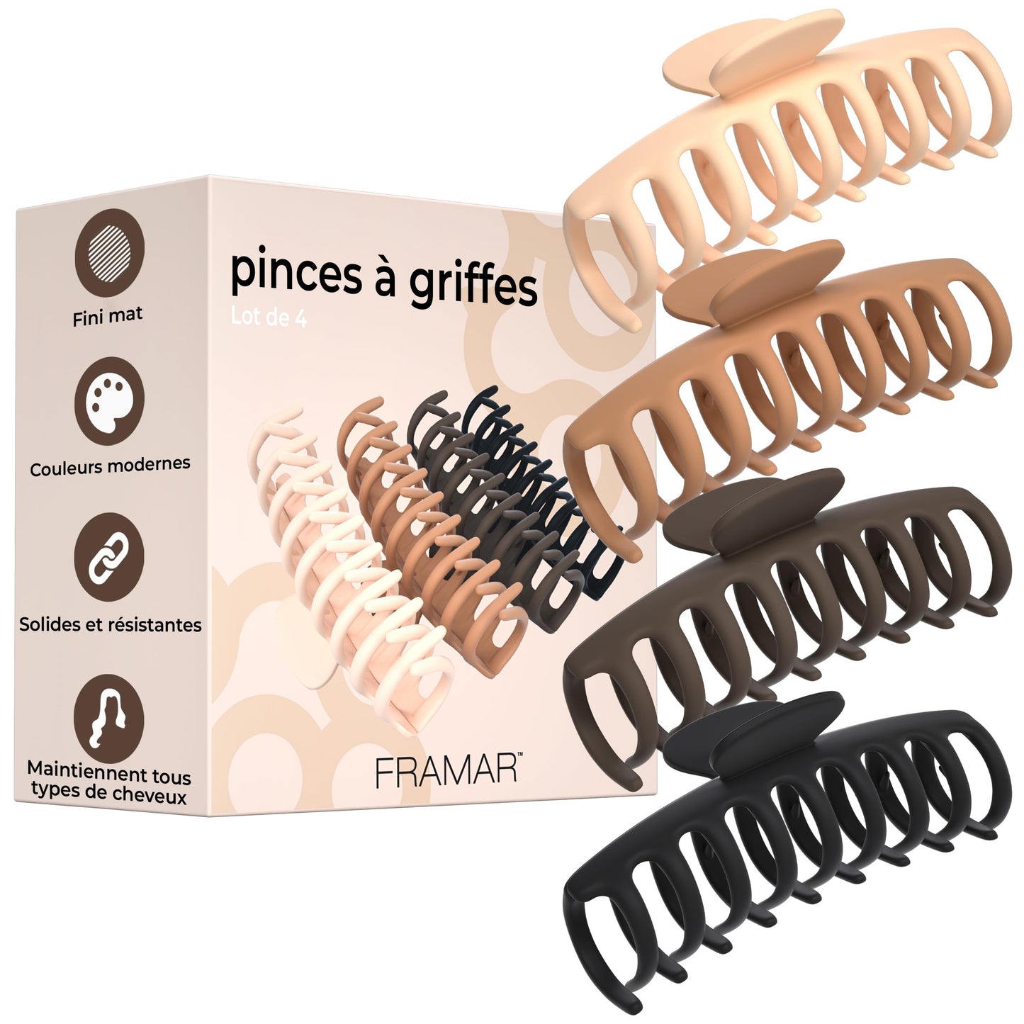 FRAMAR Grosse Pince Cheveux Femme - Pince a Cheveux Femme, Pinces à Cheveux Pour Femmes, Pince à Cheveux Femme, Pince Crabe Cheveux Femme, Hair Clip, Pinces Cheveux, Grande Pince Cheveux – Neutre 4pc