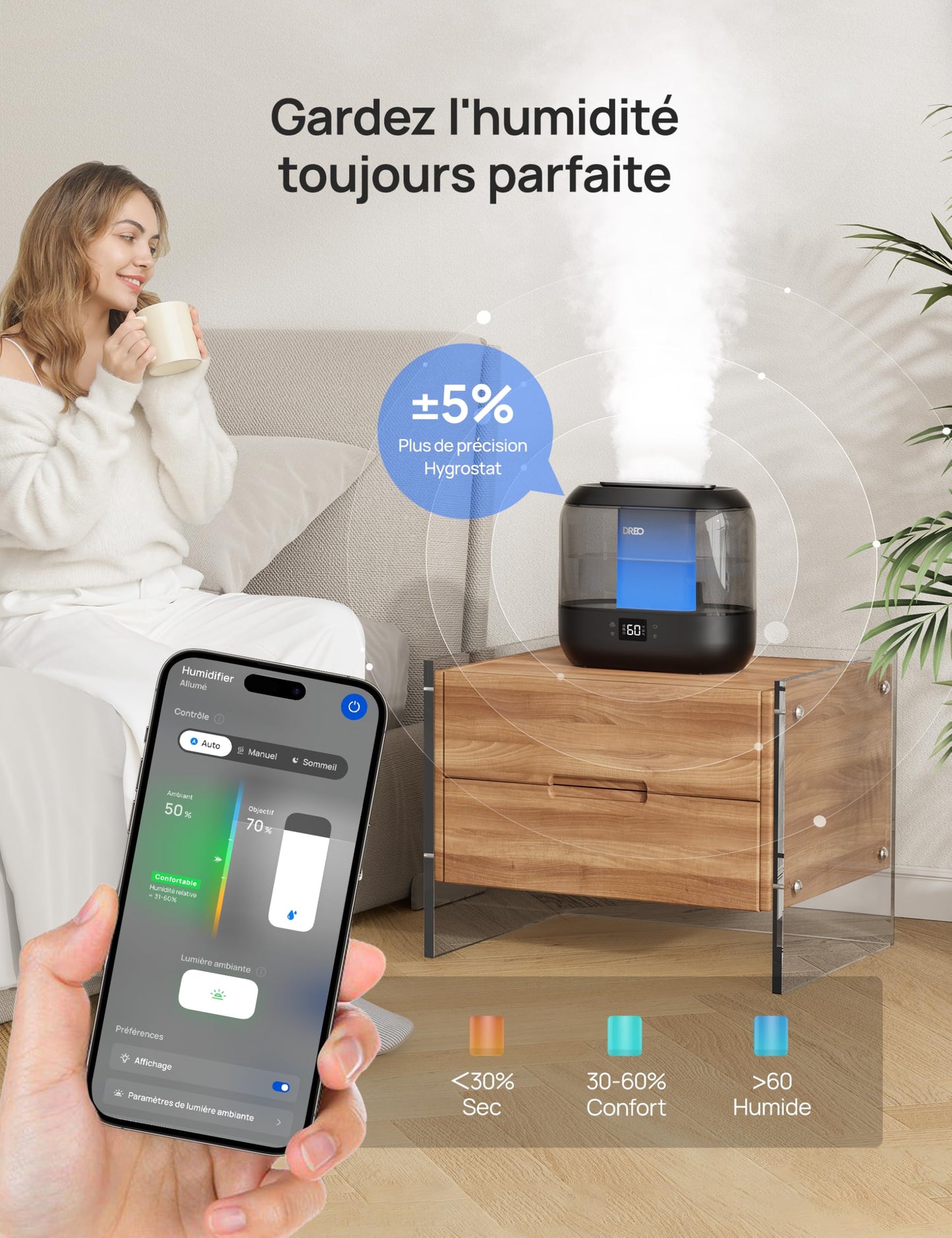 Dreo Smart Humidificateur pour chambre à coucher, Top Fill 4L Humidificateur de brume fraîche surdimensionné avec diffuseur d'huile et veilleuse, 32H d'autonomie, Silencieux pour la maison, le bureau
