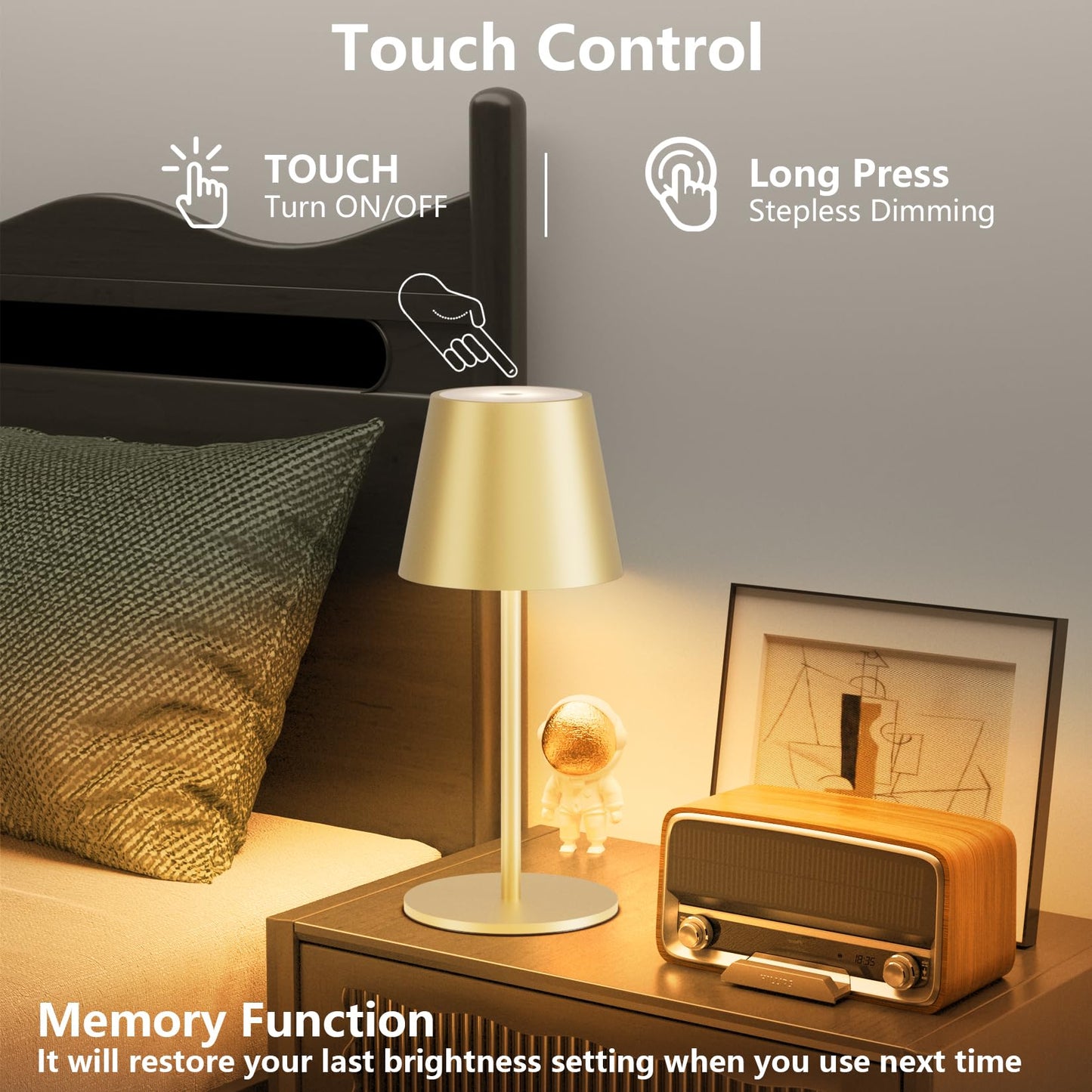 lundwa 2 pièces lampes de table LED à intensité variable, sans fil, rechargeables, couleur de lumière chaude 3000K, USB-C, aluminium, IP54,Pour le salon, le jardin, la salle à manger(Or mat)