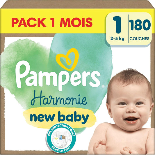 Pampers Harmonie, Taille 1, 180 Couches, 2-5kg, Protection Douce Pour La Peau Avec 100% D’Absorption Pampers, Pack 1 Mois