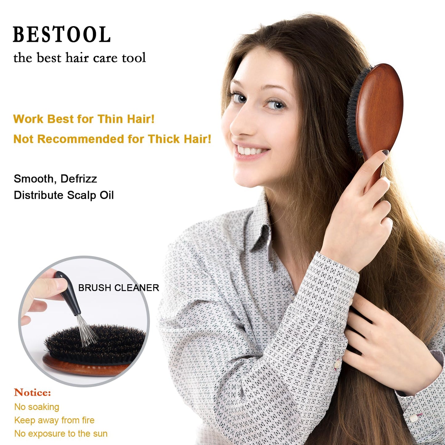 BESTOOL Brosse à Cheveux en Poils de Sanglier Brosse pour Femme Homme Enfant pagaie en Hêtre Poils naturels Brosse pour Cheveux Fins et Fins, amélioration de la Texture des Cheveux (hêtre)