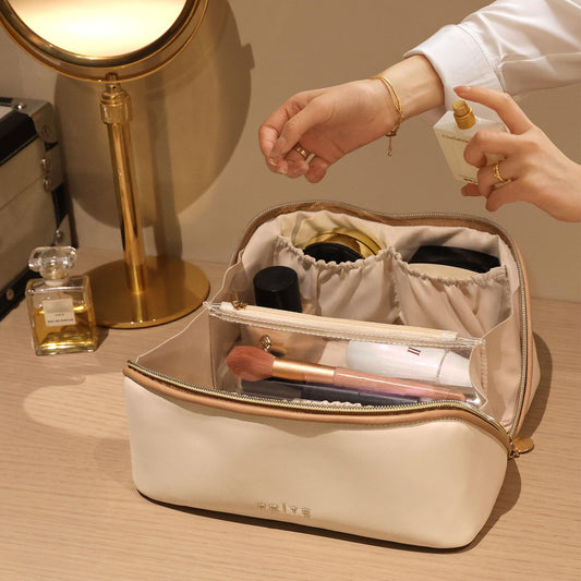 Prite Grande Capacité Trousse de Maquillage pour Femme Trousse de Toilette en Cuir PU Vanity Imperméable pour Voyage avec Séparateur Transparent et Poignée (Beige)