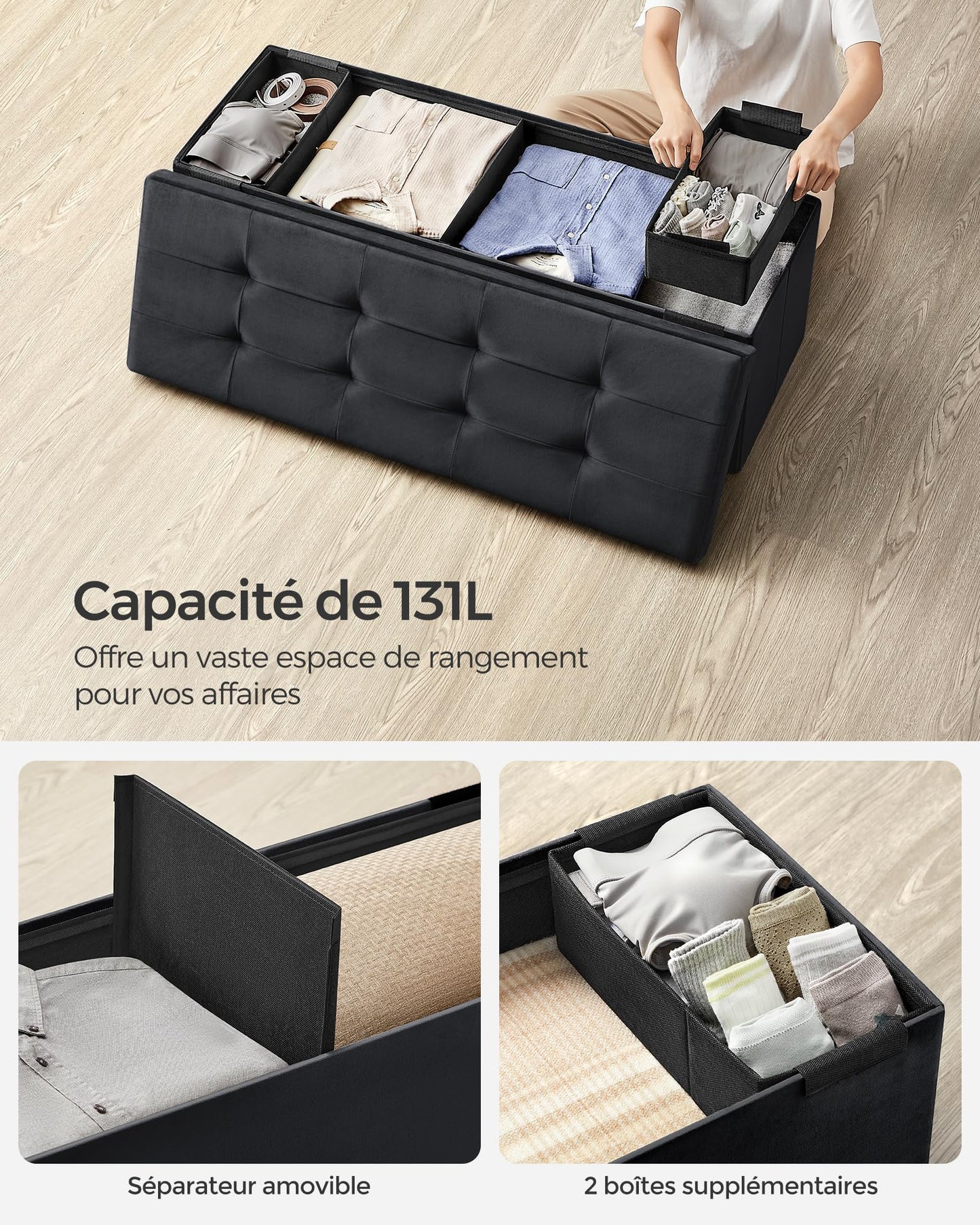 SONGMICS Banc de Rangement, Pouf Pliable, 38 x 110 x 38 cm, Bout de Lit, Repose-Pieds, Coffre de Rangement, Charge jusqu'à 300 kg, pour Salon, Chambre, Entrée, Noir d'encre LSF277B01