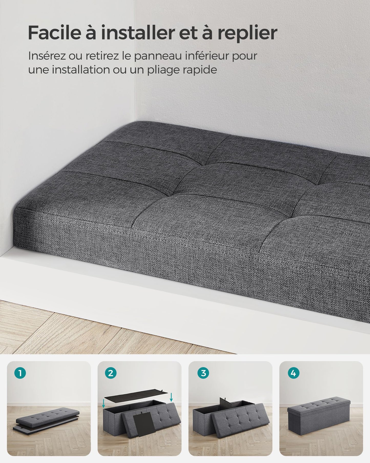 SONGMICS Banc Coffre Rangement, Tabouret, Repose-Pieds, Pouf Intérieur, Siège, pour Salon, Chambre, Entrée, 38 x 110 x 38 cm, Gris Foncé LSF77K