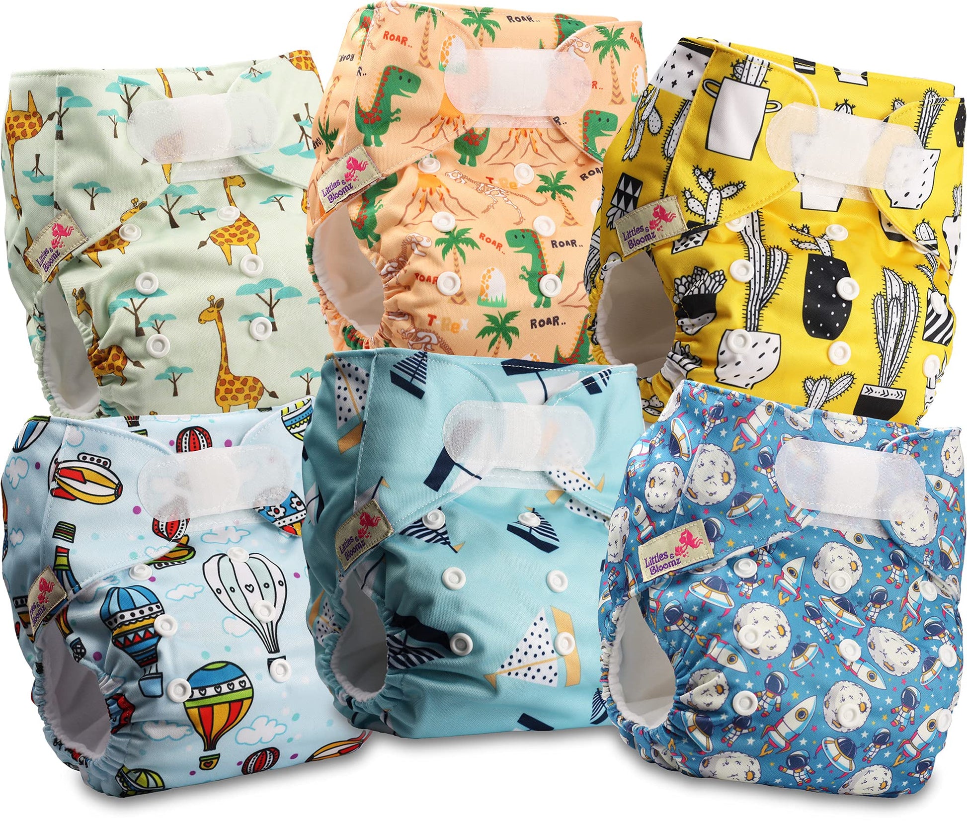 Littles & Bloomz Lot de 6 Couches Réutilisables Lavable pour Bébé avec Fermeture Crochet et Boucle, FLV2-0608