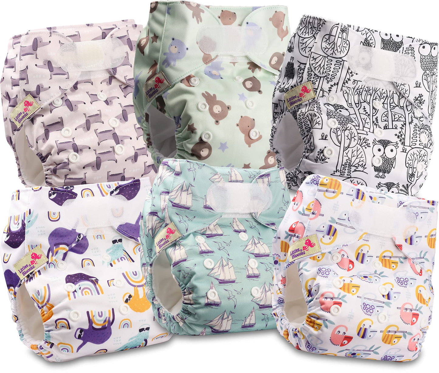 Littles & Bloomz Lot de 6 Couches Réutilisables Lavable pour Bébé avec Fermeture Crochet et Boucle, FLV2-0608