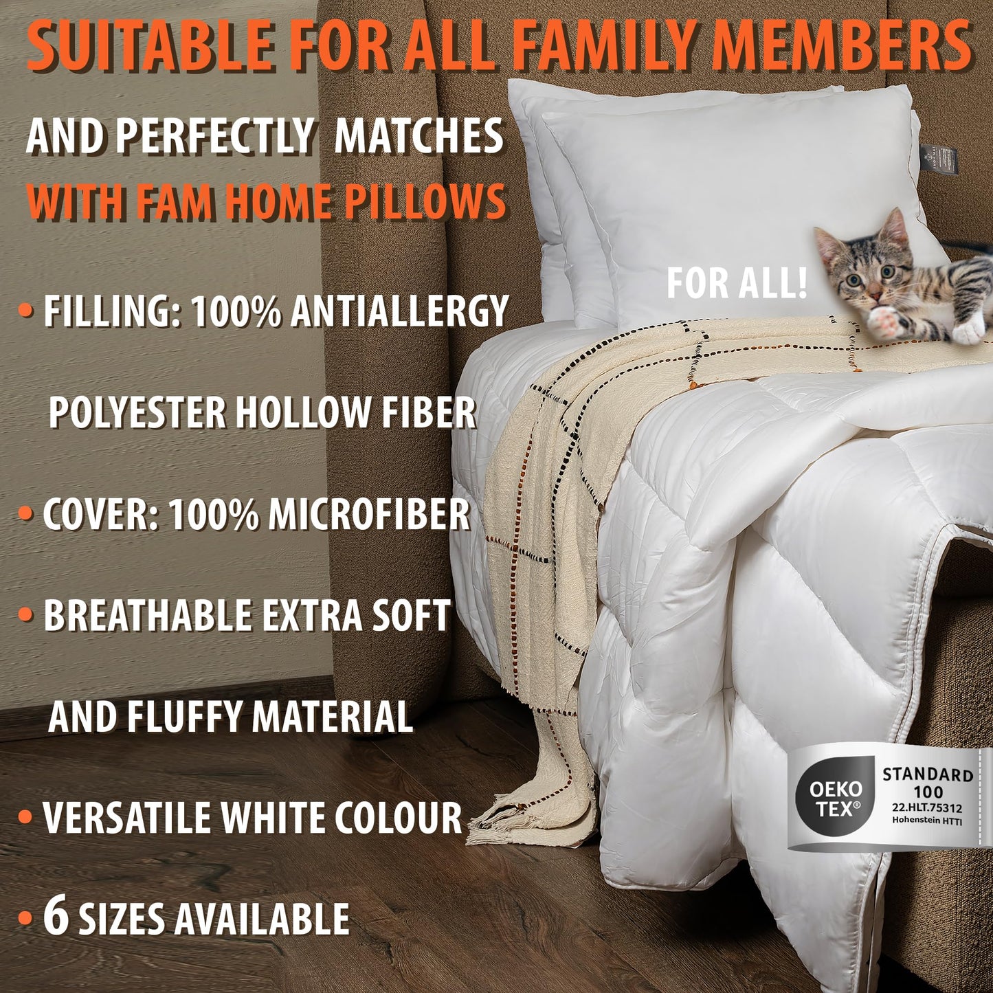 FAM Home Couette 140x200 en Microfibre Lavable Hypoallergénique Blanc I Couette 1 Personne