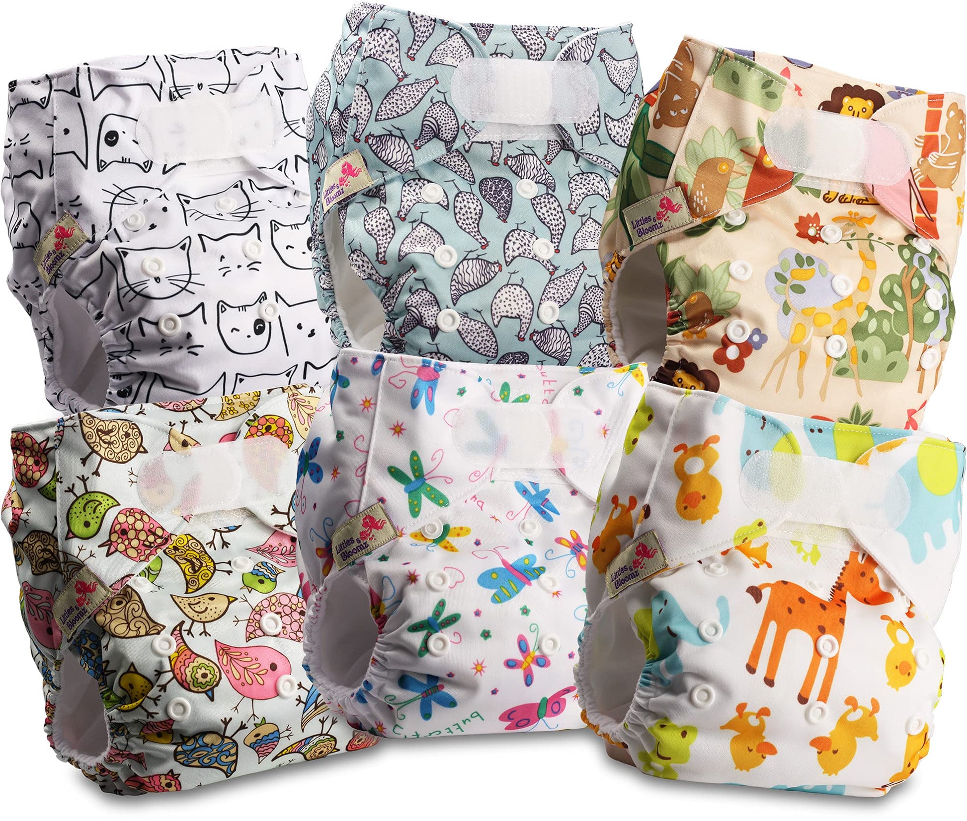 Littles & Bloomz Lot de 6 Couches Réutilisables Lavable pour Bébé avec Fermeture Crochet et Boucle, FLV2-0608