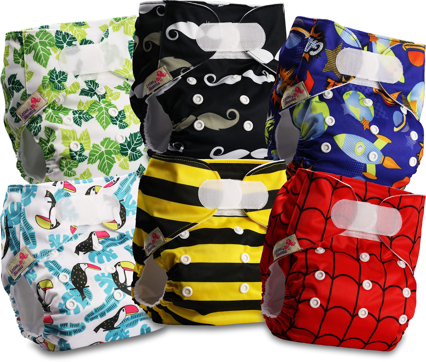 Littles & Bloomz Lot de 6 Couches Réutilisables Lavable pour Bébé avec Fermeture Crochet et Boucle, FLV2-0608