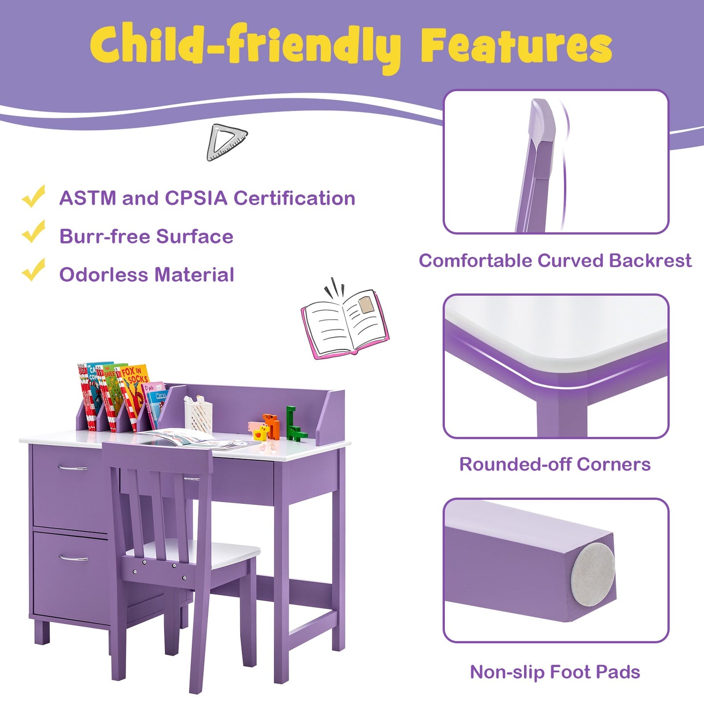 NNECW Kids Learning Desk &amp;amp; Chair Set  for Bedroom &amp;amp; Study Room-Purple-4