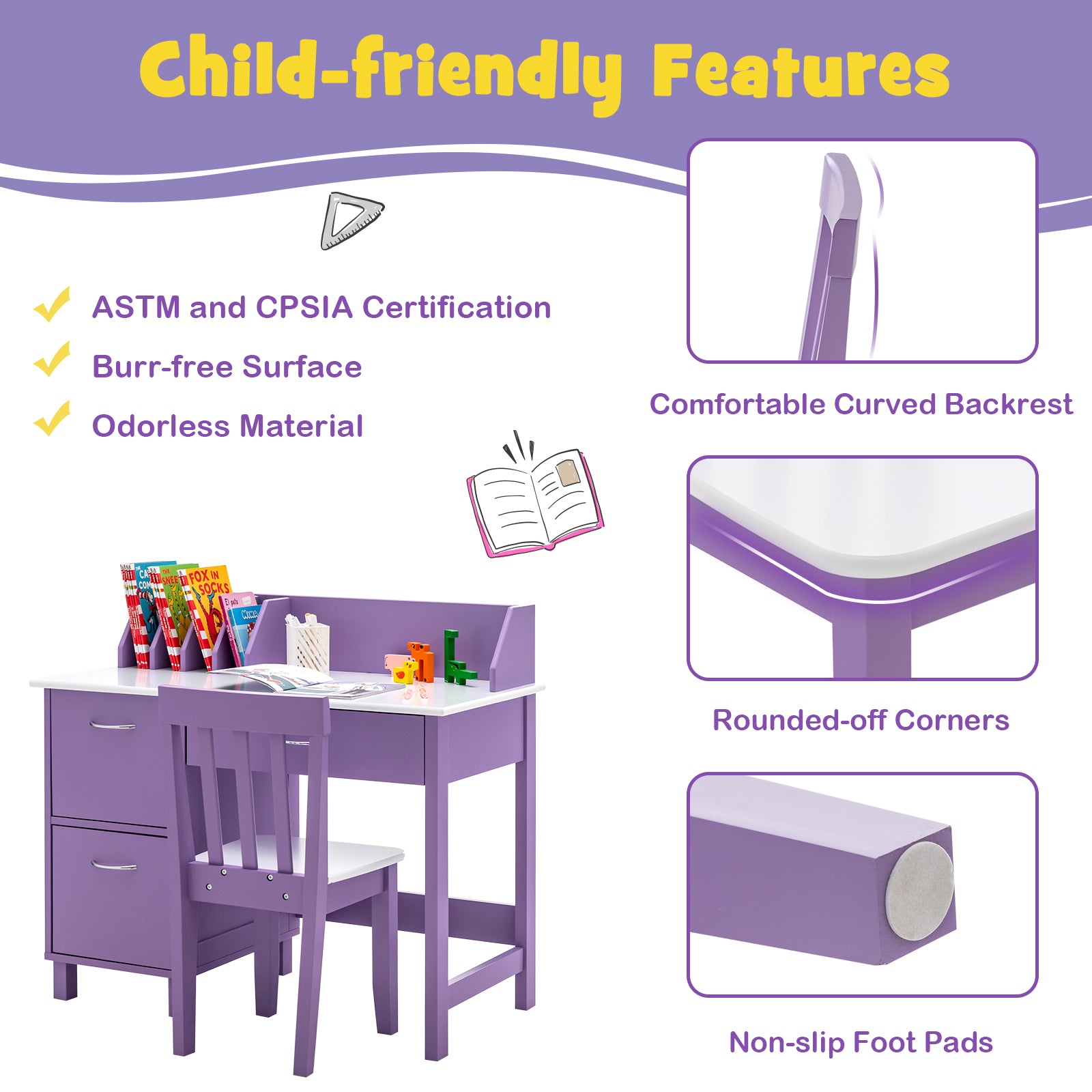 NNECW Kids Learning Desk &amp;amp; Chair Set  for Bedroom &amp;amp; Study Room-Purple-4