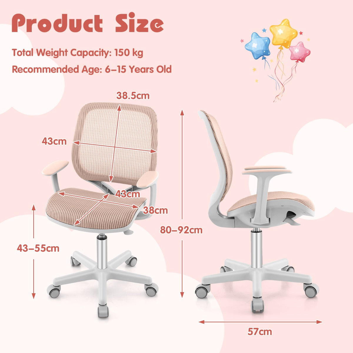 NNECW Kids Swivel Mesh Children Computer Chair with Adjustable Height-Pink-4